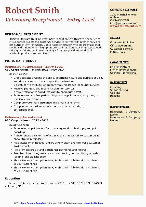 Veterinary Receptionist Job Description Sample Resume Veterinary Receptionist Resume Samples