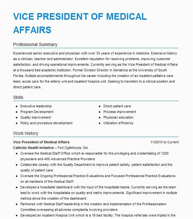 Vice President for Academic Affairs Resume Sample Community College Chief Staff Vice President Medical Affairs for Mercy Hospital