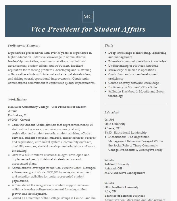 Vice President for Academic Affairs Resume Sample Community College Vice President Black Student Union Resume Example Utah State