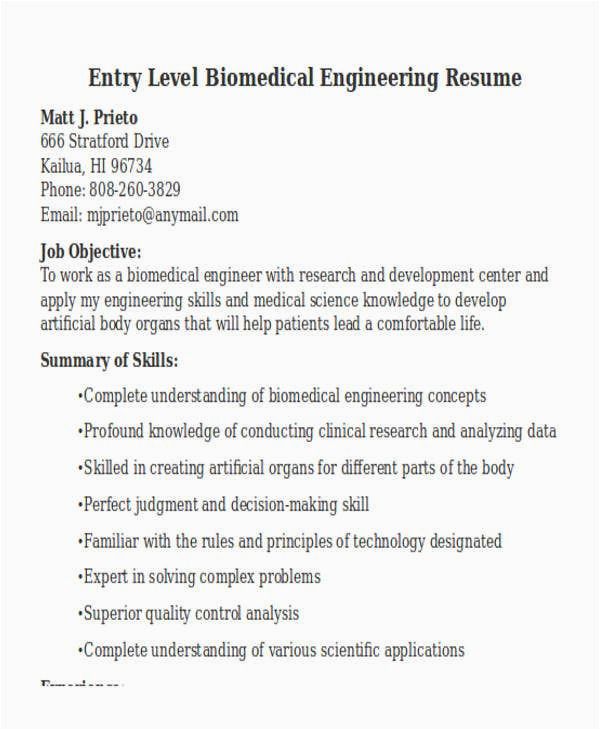 Biomedical Engineer Resume Sample Entry Level 55 Engineering Resume Samples Pdf Doc