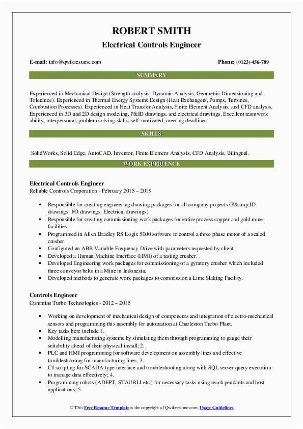 Control System Electrical Engineer Resume Sample Controls Engineer Resume Samples