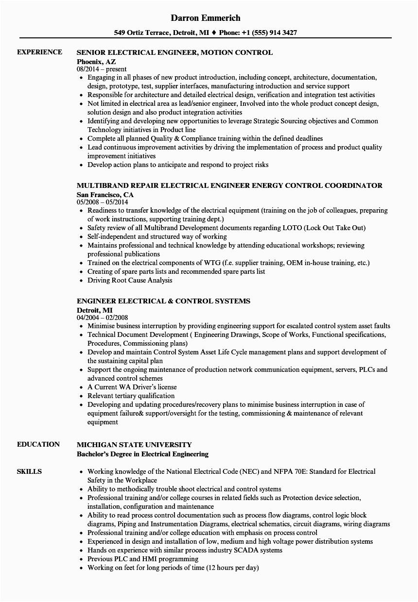 Control System Electrical Engineer Resume Sample Electrical Control Engineer Resume Samples