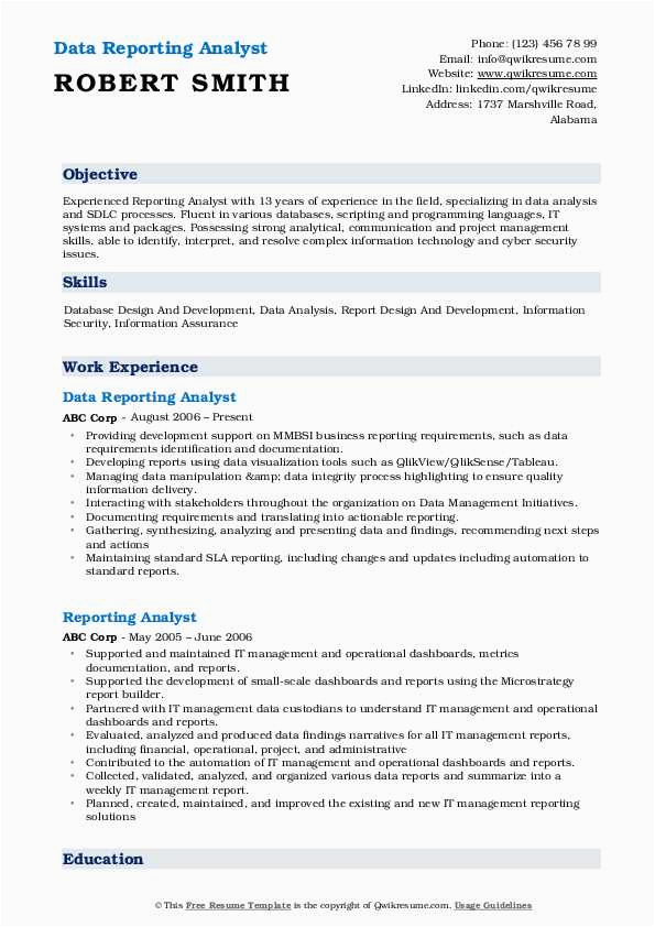 Data and Reporting Analyst Sample Resume Reporting Analyst Resume Samples