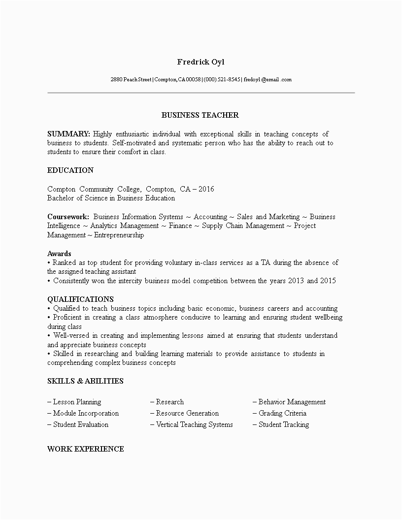 Educational Leadership Resume Samples without Experience Business Teacher Resume No Experience