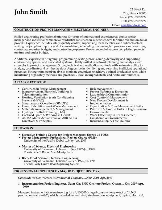 Electrical Construction Project Manager Resume Sample Sample Resume for Project Manager Electrical Restume