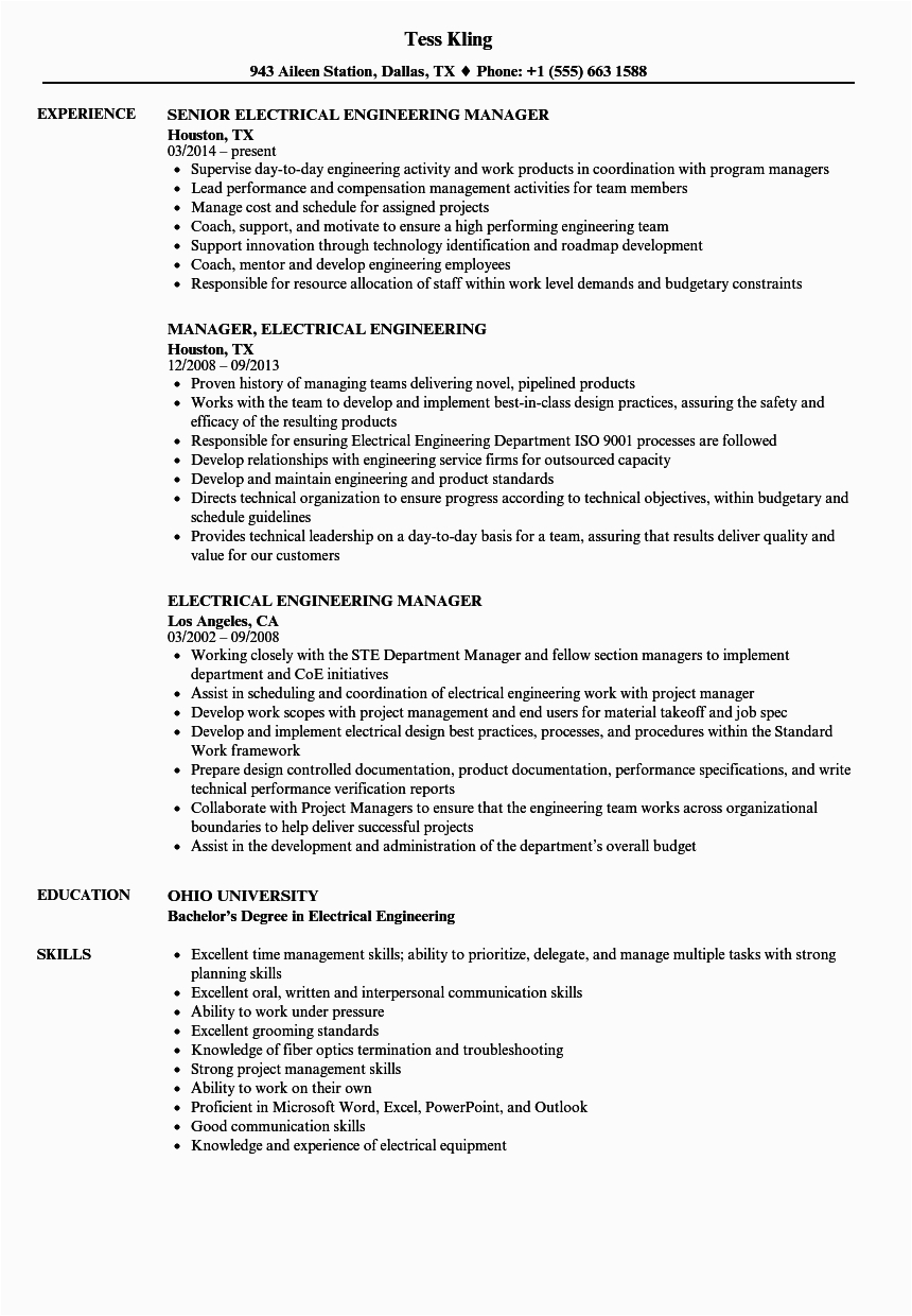 Electrical Engineer Project Manager Resume Sample Electrical Manager Resume Samples