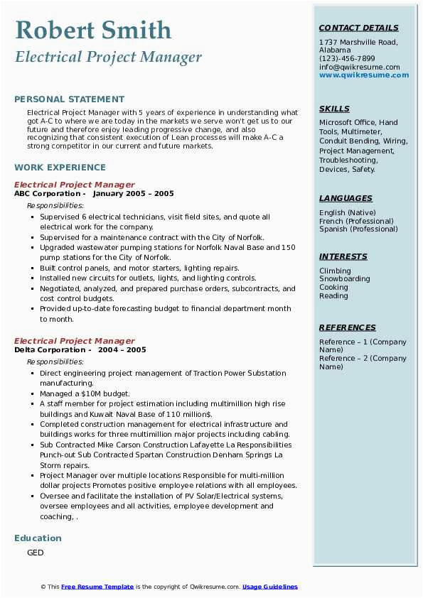 Electrical Engineer Project Manager Resume Sample Electrical Project Manager Resume Samples