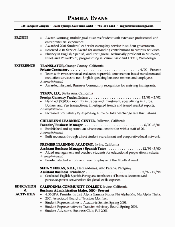 Entry Level College Student Resume Samples Business Student Resume