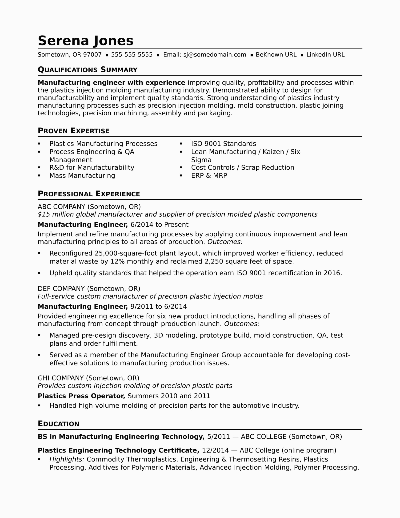 Entry Level Manufacturing Technician Resume Sample Manufacturing Engineer Resume