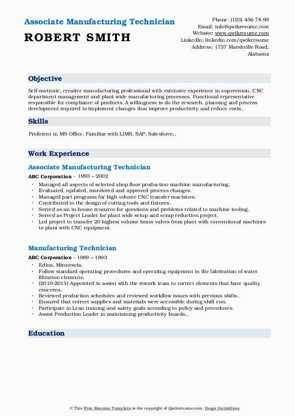 Entry Level Manufacturing Technician Resume Sample Manufacturing Technician Resume Samples