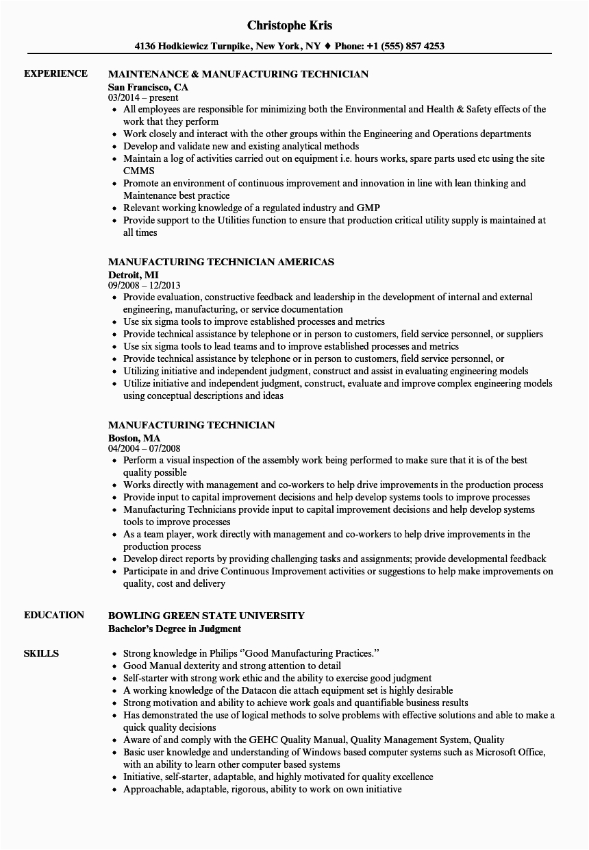 Entry Level Manufacturing Technician Resume Sample Manufacturing Technician Resume Samples