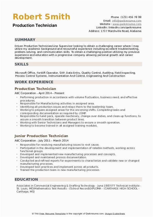 Entry Level Manufacturing Technician Resume Sample Production Technician Resume Samples