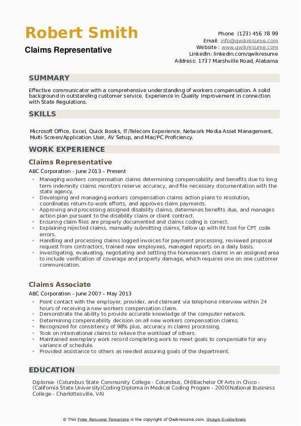 Hearing Rep Workers Comp Resume Sample Claims Representative Resume Samples