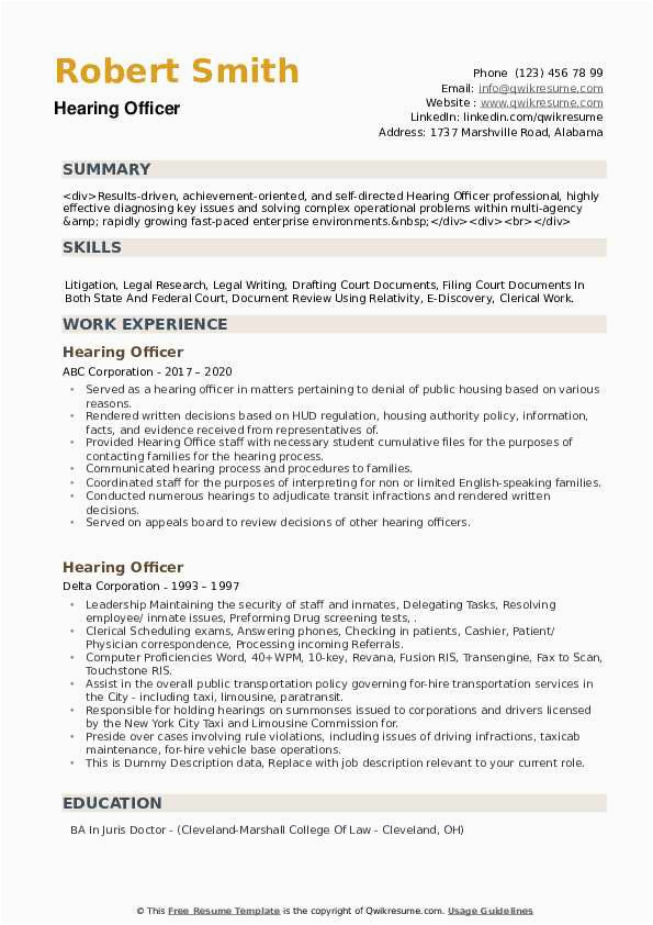 Hearing Rep Workers Comp Resume Sample Hearing Ficer Resume Samples