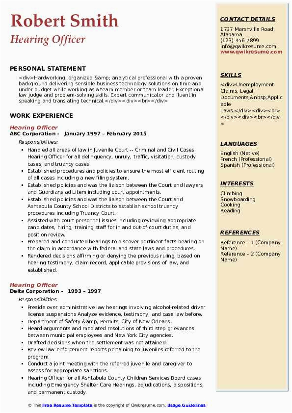 Hearing Rep Workers Comp Resume Sample Hearing Ficer Resume Samples