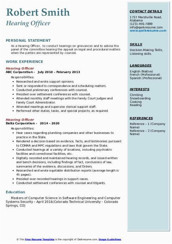 Hearing Rep Workers Comp Resume Sample Hearing Ficer Resume Samples