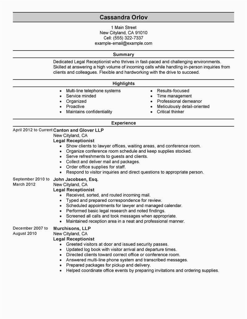 Job Responsibilities Resume Sample Law Firm Best Legal Receptionist Resume Example From Professional Resume Writing