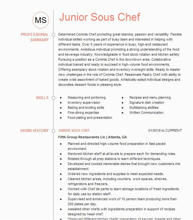 Jobhere Junior sous Chef Sample Resume Junior sous Chef Resume Example Fifth Group Restaurants Llc Baltimore