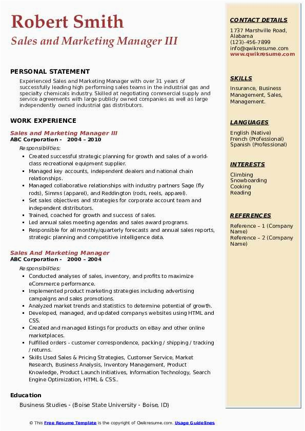 Marketing and Sales Manager Sample Resume Sales and Marketing Manager Resume Samples