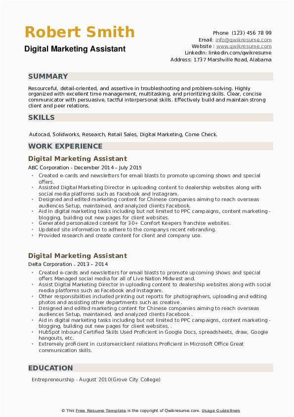 Marketing Job Responsibilities Samples for Resume Digital Marketing assistant Resume Samples