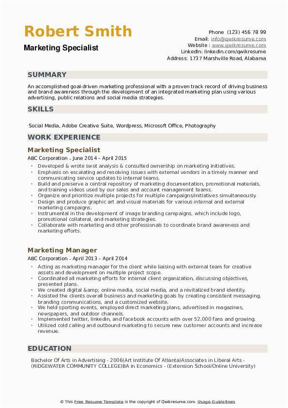 Marketing Job Responsibilities Samples for Resume Marketing Specialist Resume Samples