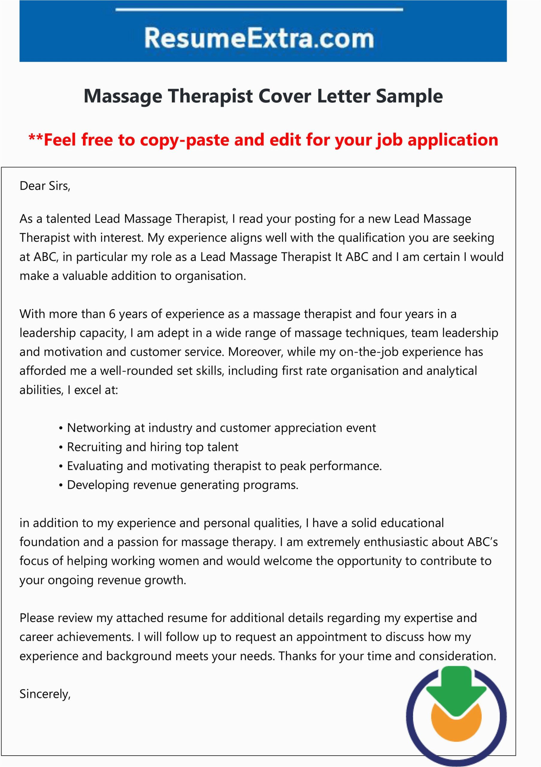 Massage therapist Resume Cover Letter Samples Free Massage therapist Cover Letter