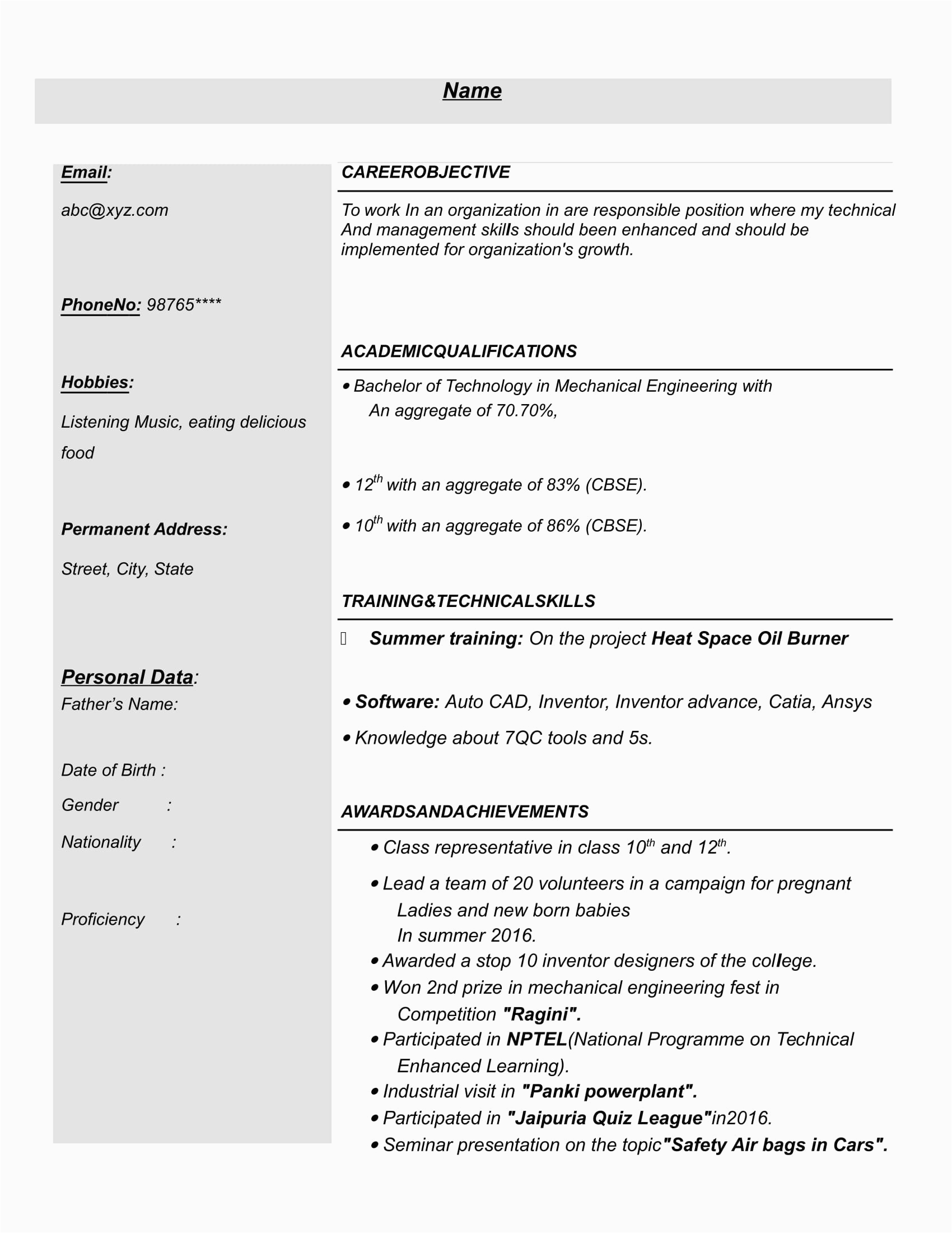 Mechanical Engineering Resume Sample for Freshers Resume Templates for Mechanical Engineer Freshers Download Free