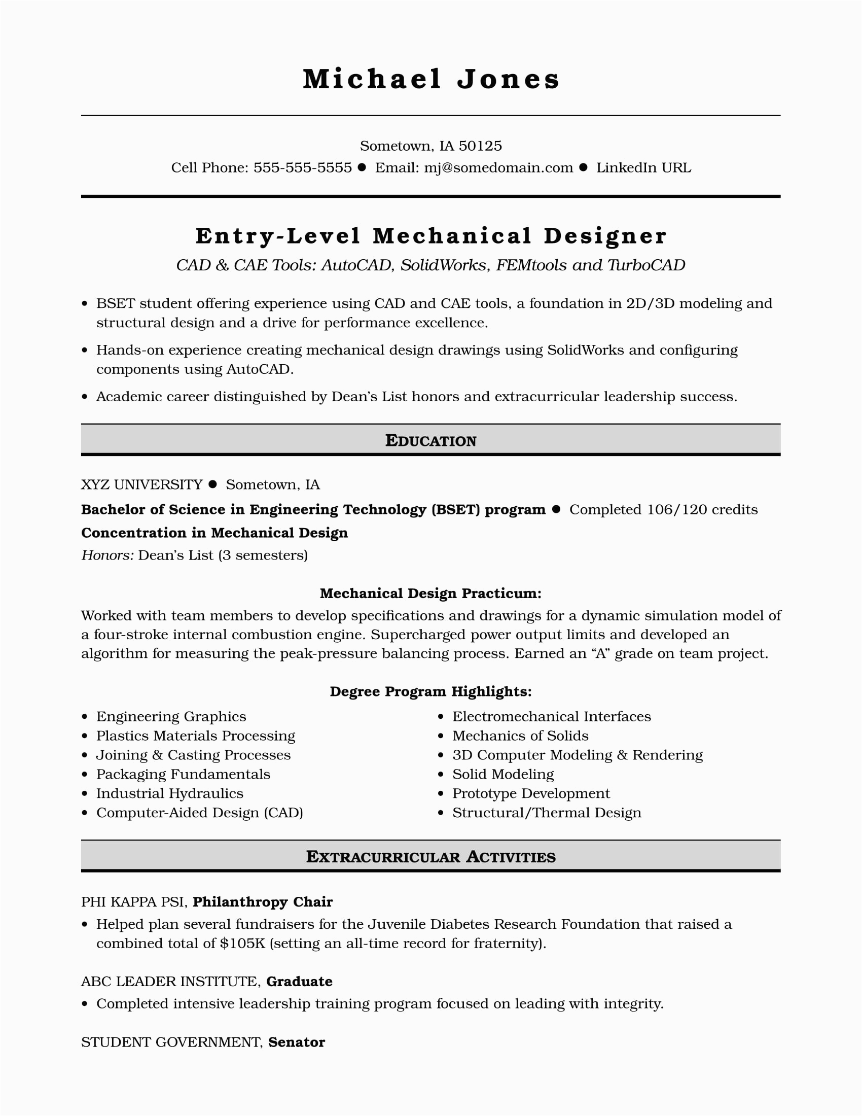 Mechanical Engineering Resume Samples Entry Level Sample Resume for An Entry Level Mechanical Designer