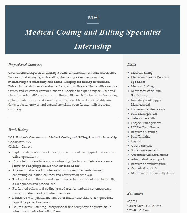 Medical Billing and Coding Internship Resume Samples Medical Billing and Coding Internship Resume Example Mrc Global Inc