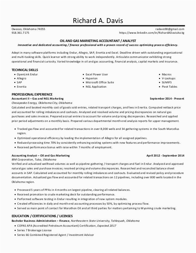 Oil and Gas Sales Resume Sample Resume Oil & Gas Marketing Accountant