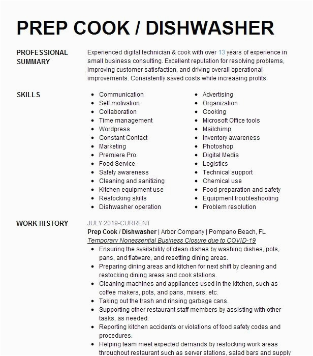 Pre Cook Dish Washer Sample Resume Cook Prep Dishwasher Cook Manager Resume Example Burger King fort