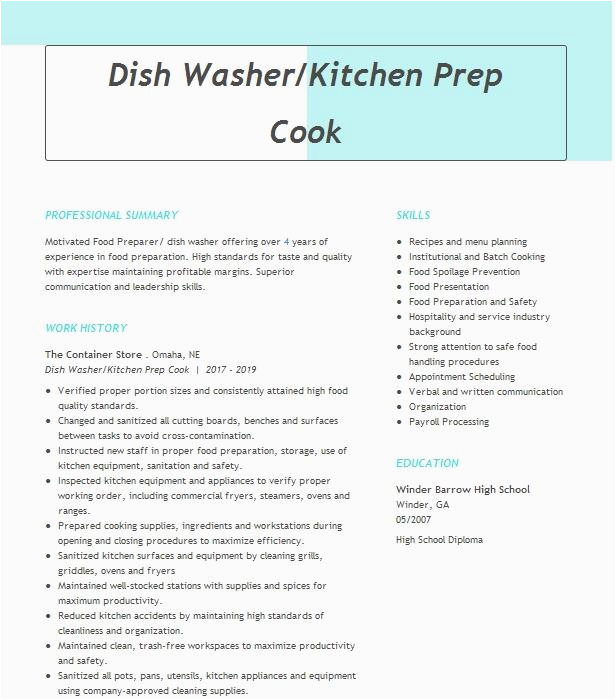 Pre Cook Dish Washer Sample Resume Dish Washer Food Prep Cook Resume Example Pany Name Williamsport