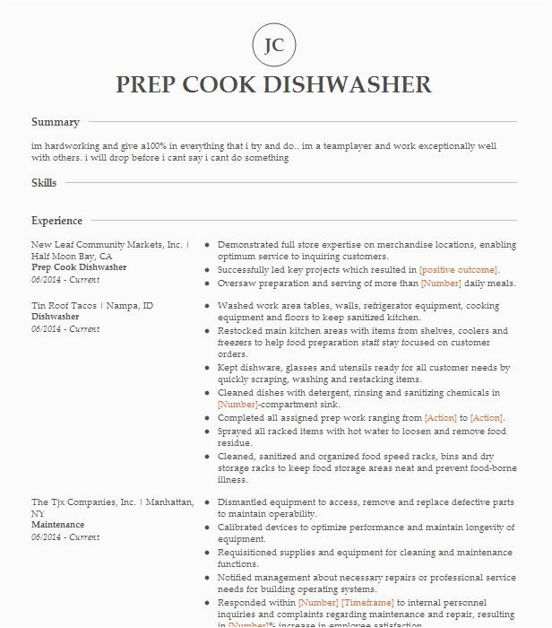 Pre Cook Dish Washer Sample Resume Dishwasher Prep Cook Cook Resume Example Texas Roadhouse Graham