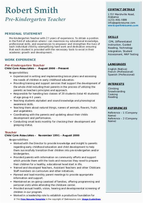 Pre Kindergarten Teacher Resume Samples Jobherojobhero Pre Kindergarten Teacher Resume Samples