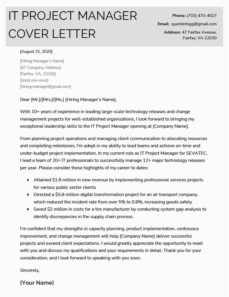 Resume Cover Letter Sample It Professional It Project Manager Cover Letter Example