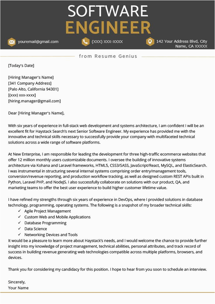 Resume Sample Cover Letter for Experienced software Engineer Cover Letter Sample for software Engineer Experienced Cover Letters