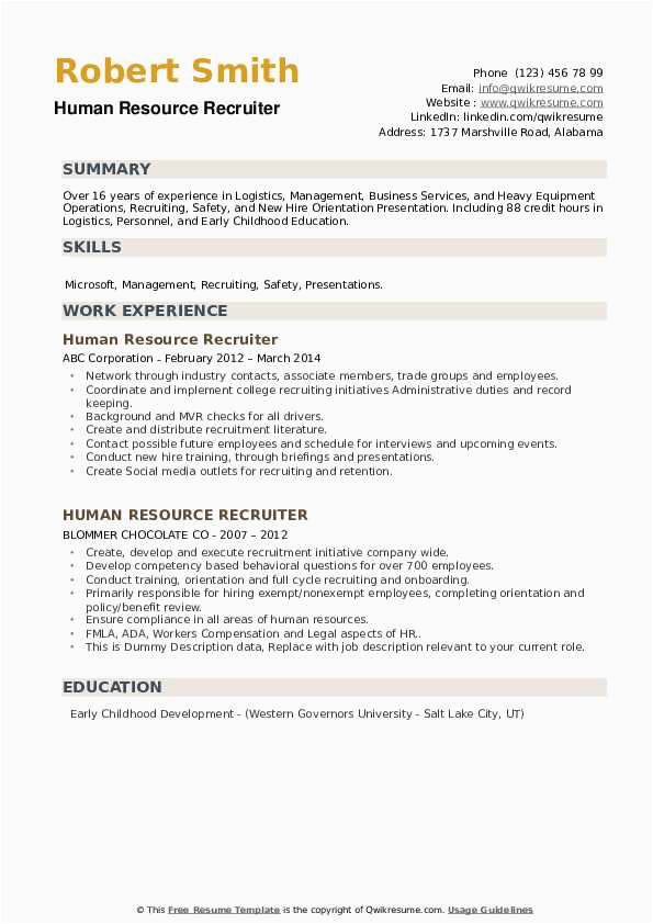 Resume Sample for Human Resource Position Human Resource Recruiter Resume Samples