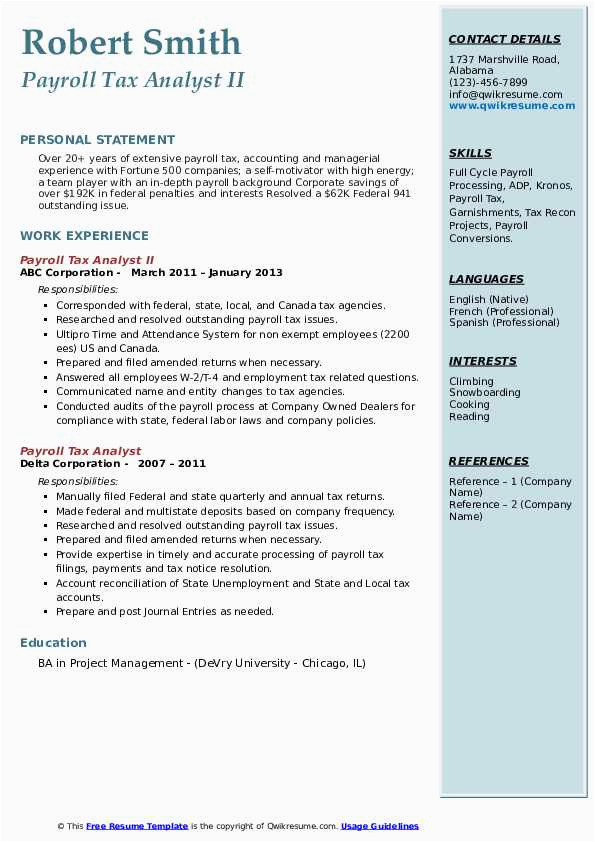 Resume Sample for Paying Eftps and Payroll Taxes Payroll Tax Analyst Resume Samples