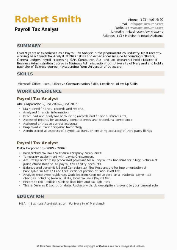 Resume Sample for Paying Eftps and Payroll Taxes Payroll Tax Analyst Resume Samples