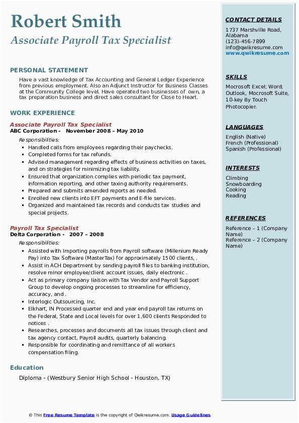 Resume Sample for Paying Eftps and Payroll Taxes Payroll Tax Specialist Resume Samples