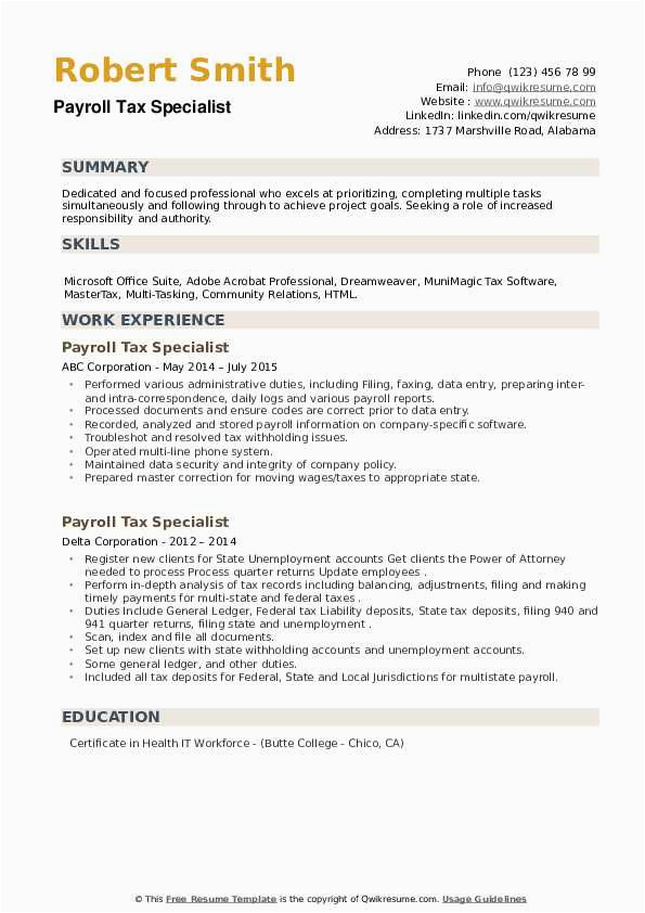 Resume Sample for Paying Eftps and Payroll Taxes Payroll Tax Specialist Resume Samples