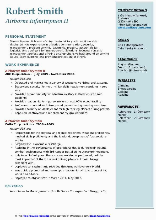 Resume Samples for someone who Was In the Military Airborne Infantryman Resume Samples
