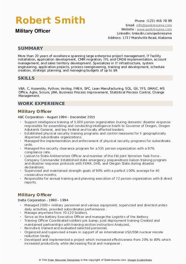 Resume Samples for someone who Was In the Military Military Ficer Resume Samples