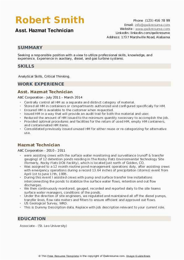 Safety without An Injury Resume Sample Hazmat Technician Resume Samples