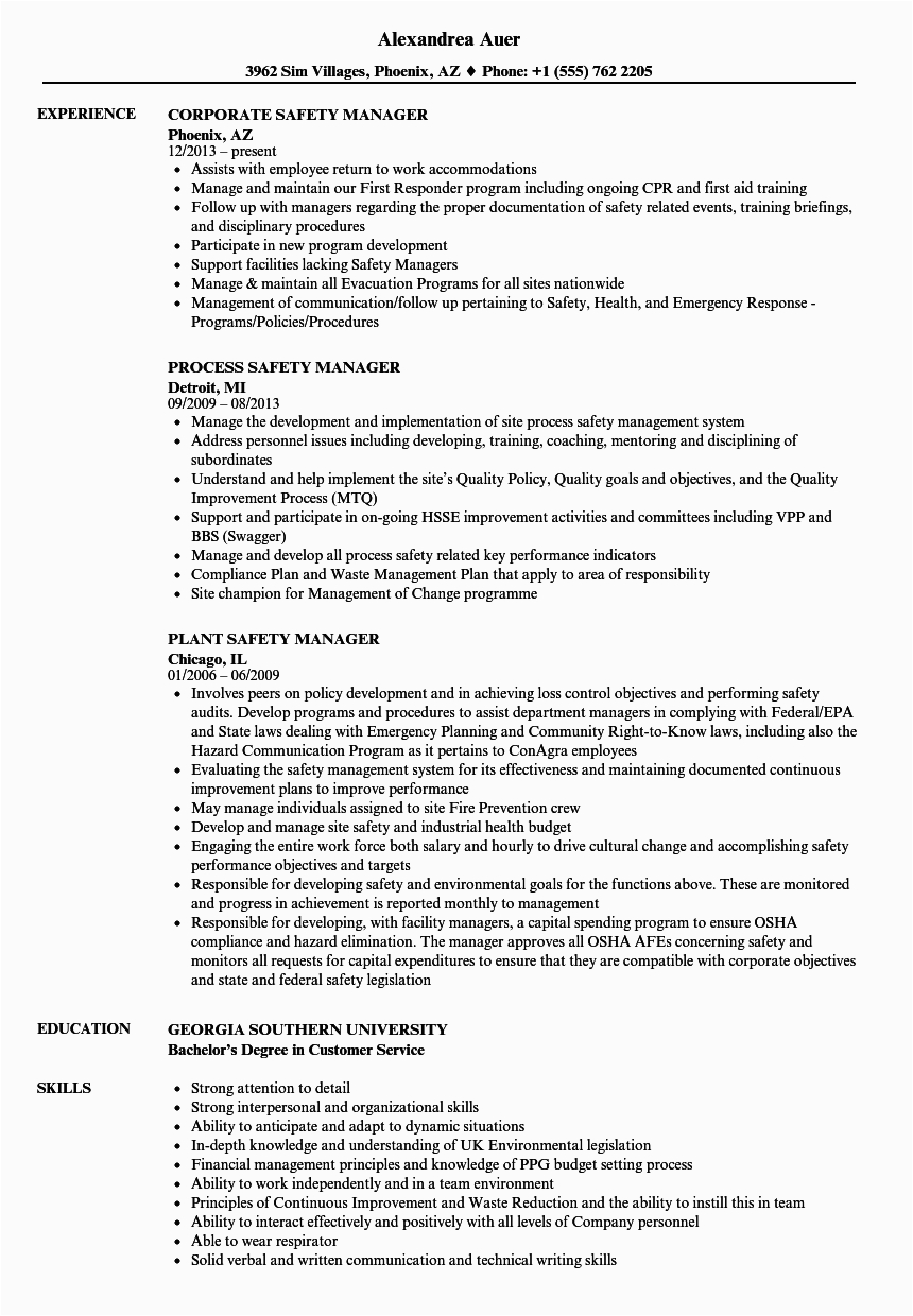 Safety without An Injury Resume Sample Manager Safety Safety Resume Samples