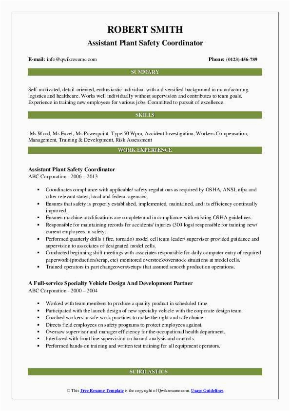 Safety without An Injury Resume Sample Safety Coordinator Resume Samples