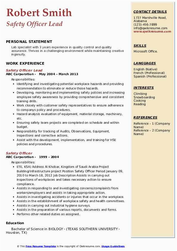 Safety without An Injury Resume Sample Safety Ficer Resume Samples