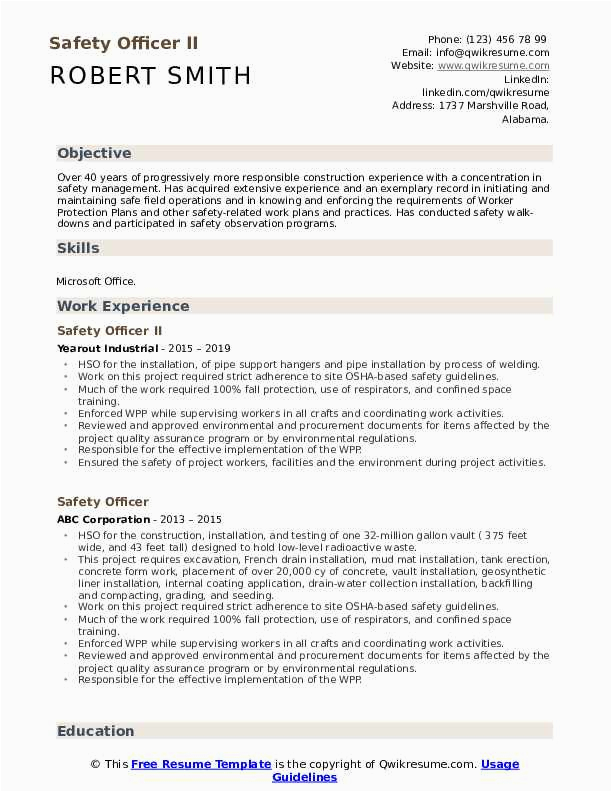Safety without An Injury Resume Sample Safety Ficer Resume Samples