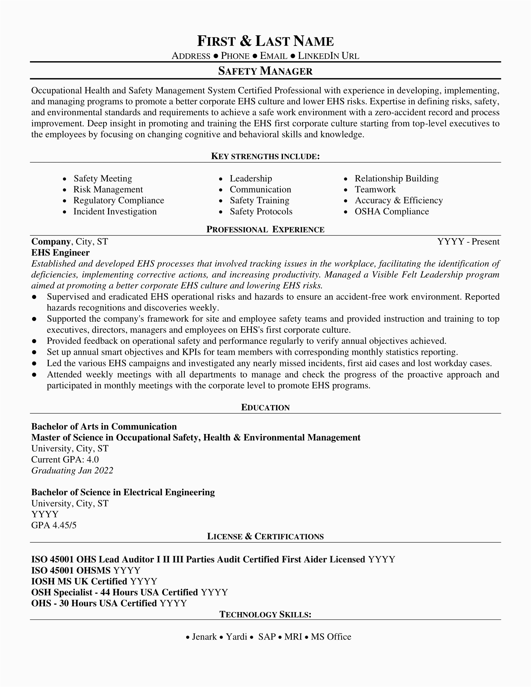 Safety without An Injury Resume Sample Safety Manager Resume Sample