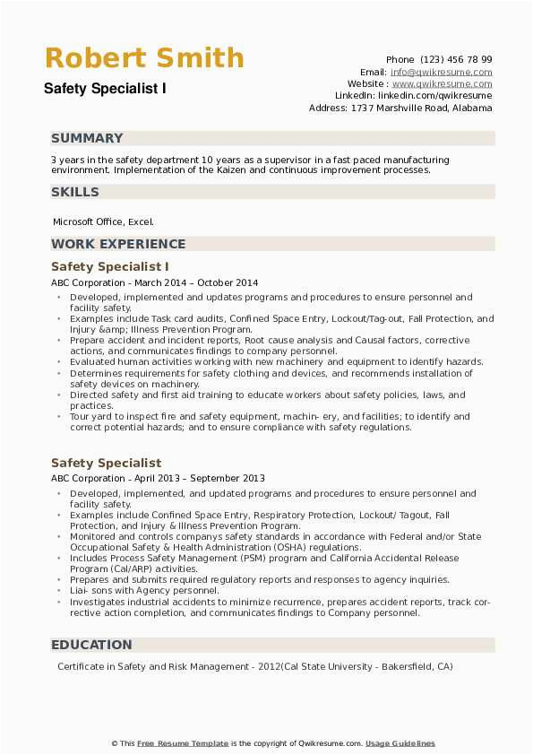Safety without An Injury Resume Sample Safety Specialist Resume Samples